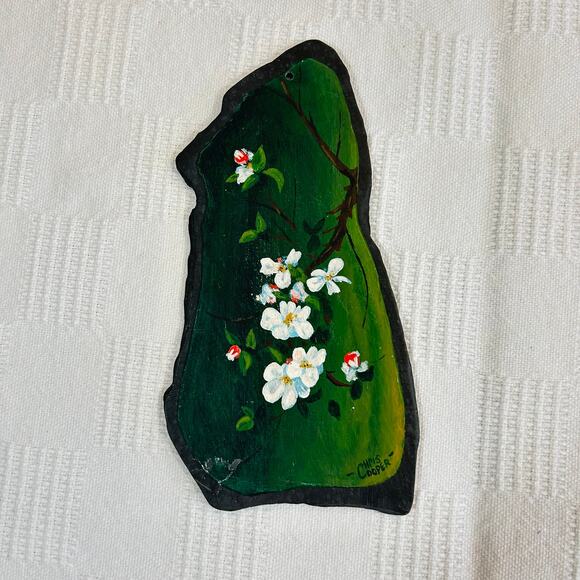 Vintage Apple Blossom Hand Painted Slate Christopher Cooper 1983 9" x 5" Maine - Picture 4 of 8